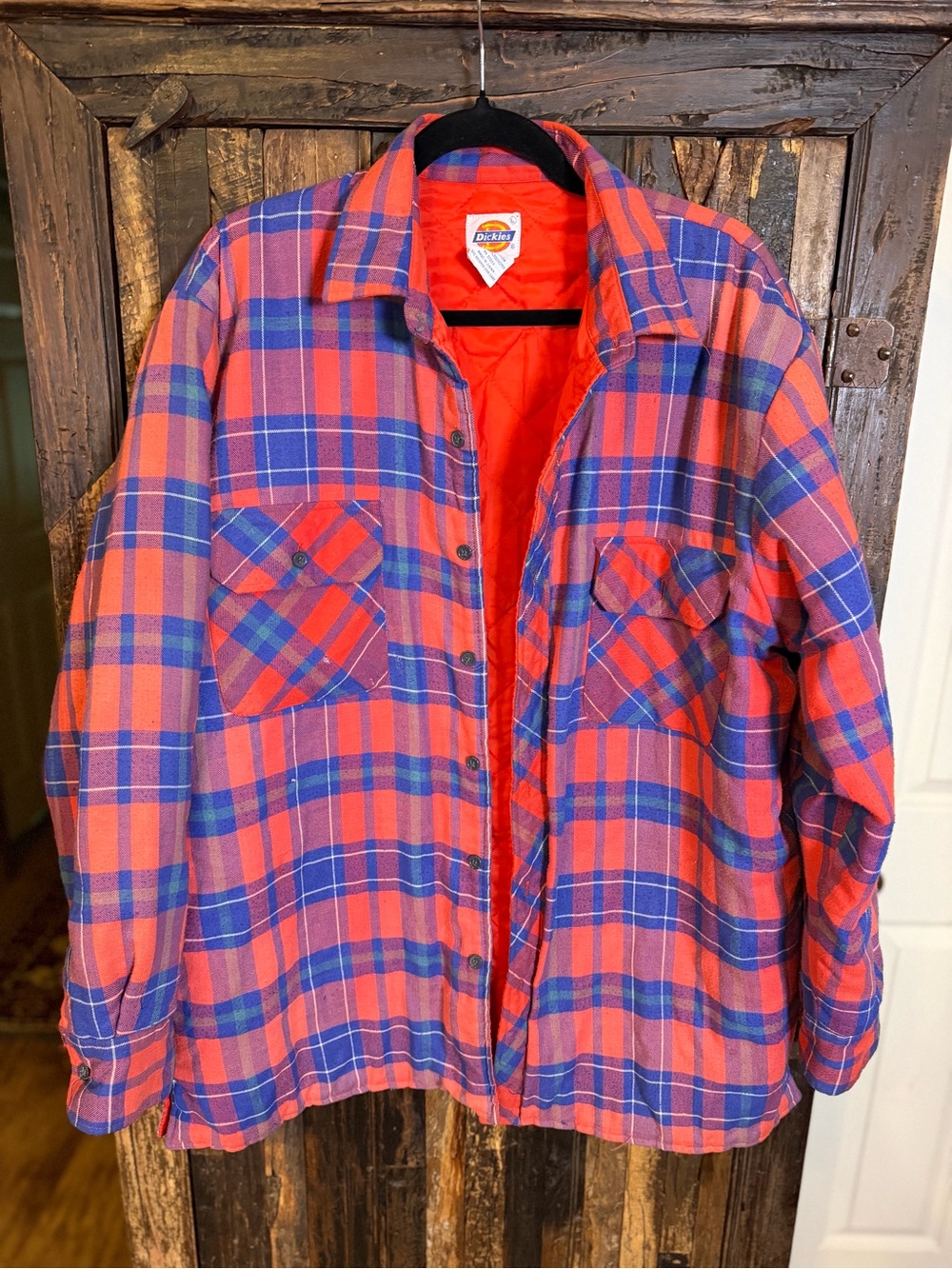 Dickies Men L Plaid Quilted Flannel Shirt Jacket Red Blue Workwear Shacket